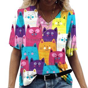 Anime Kitten Women's T Shirt Painting Girl Print Clothes Blouse V-neck Haraj
